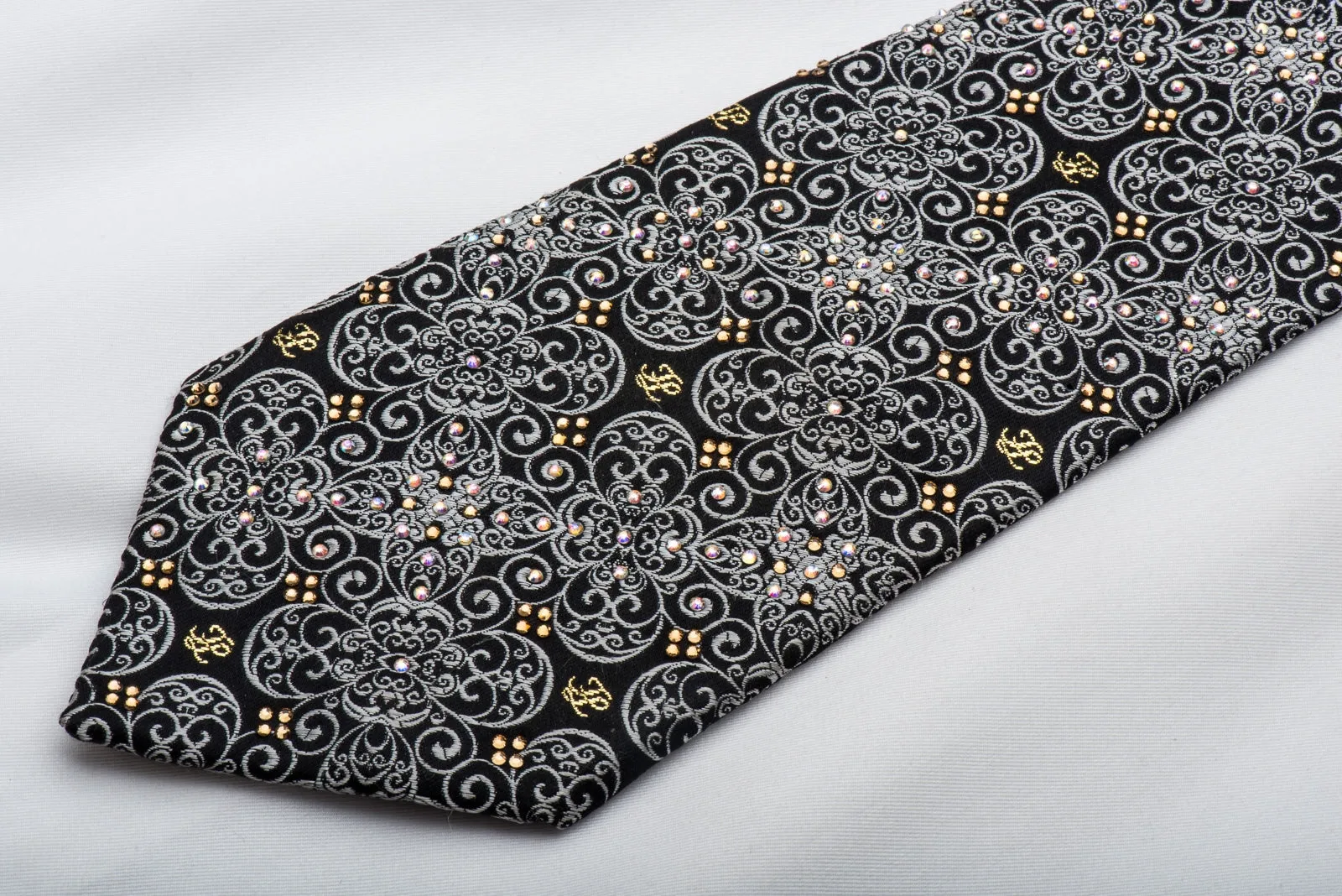 Silver Filigree On Black With Sparkling Rhinestones Silk Necktie