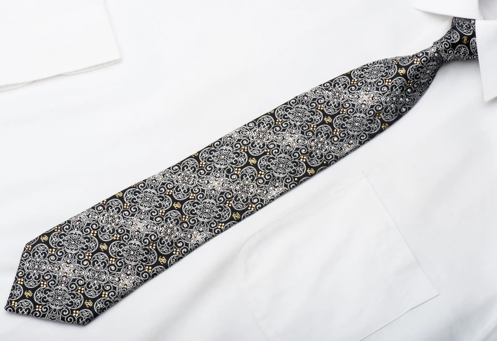 Silver Filigree On Black With Sparkling Rhinestones Silk Necktie