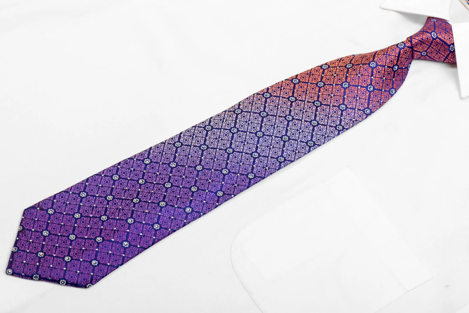 Silver Orange Cartouche On Purple Rhinestone Silk Necktie