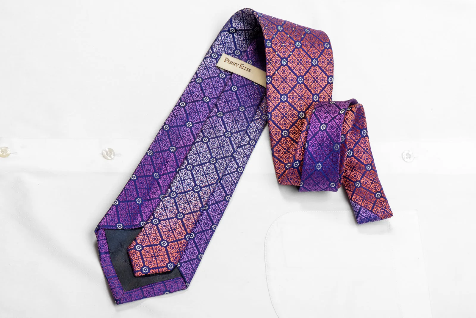 Silver Orange Cartouche On Purple Rhinestone Silk Necktie