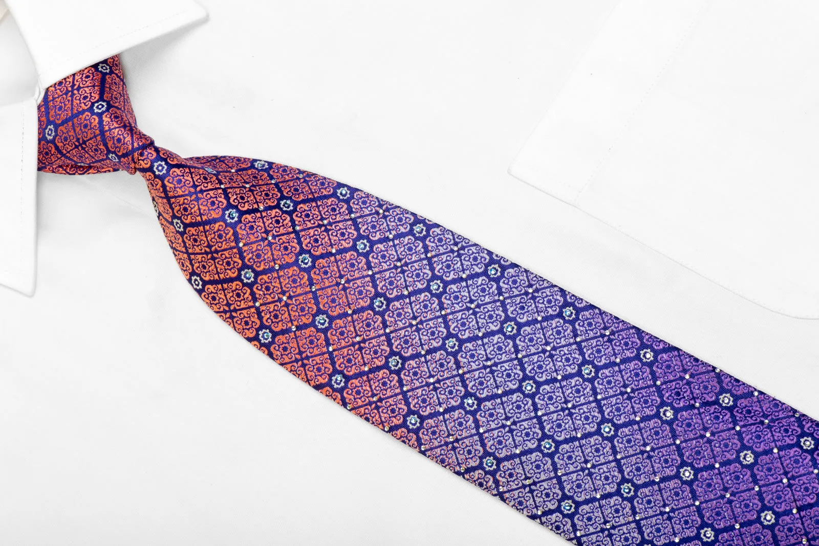 Silver Orange Cartouche On Purple Rhinestone Silk Necktie