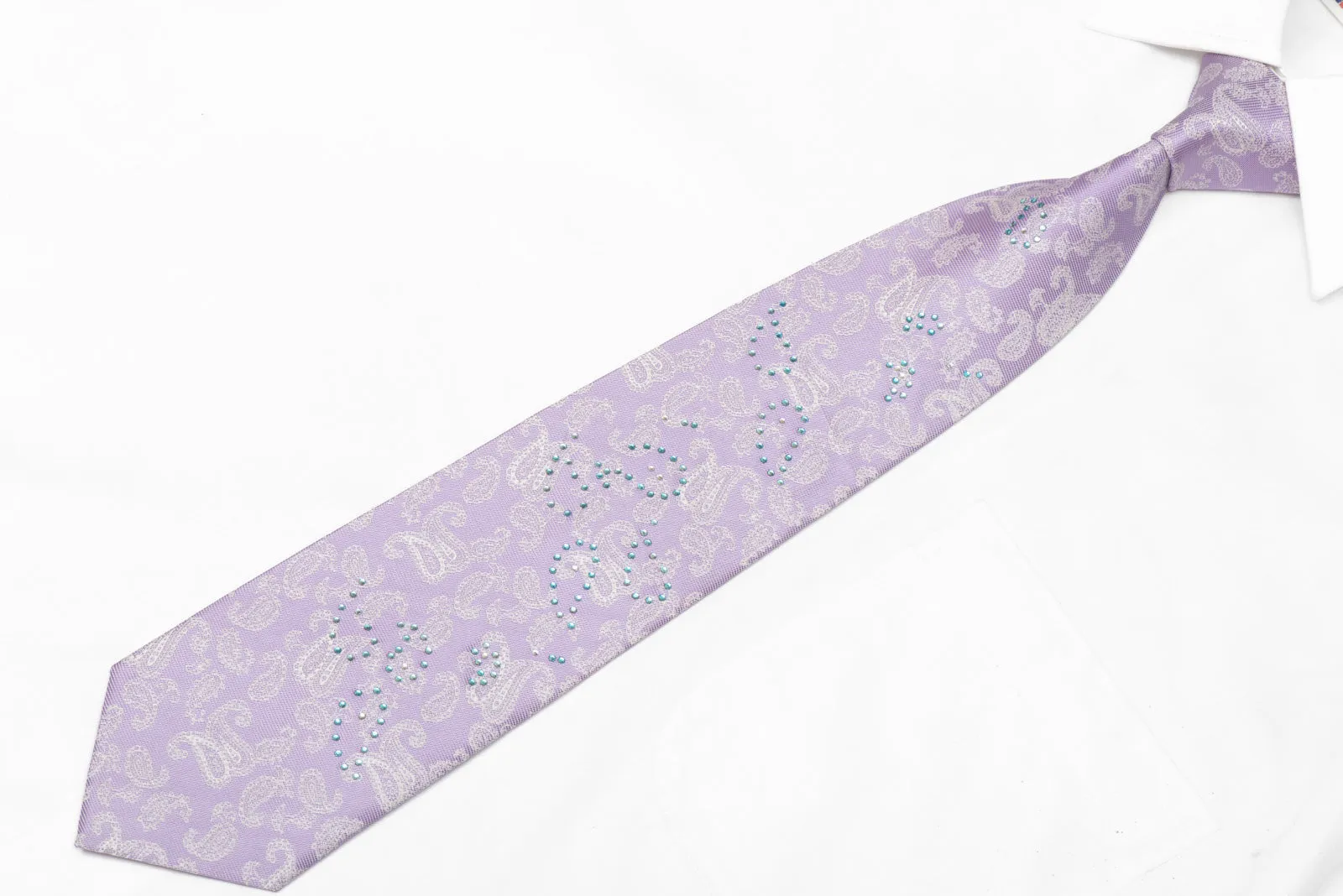 Silver Paisley On Mauve Rhinestone Silk Necktie