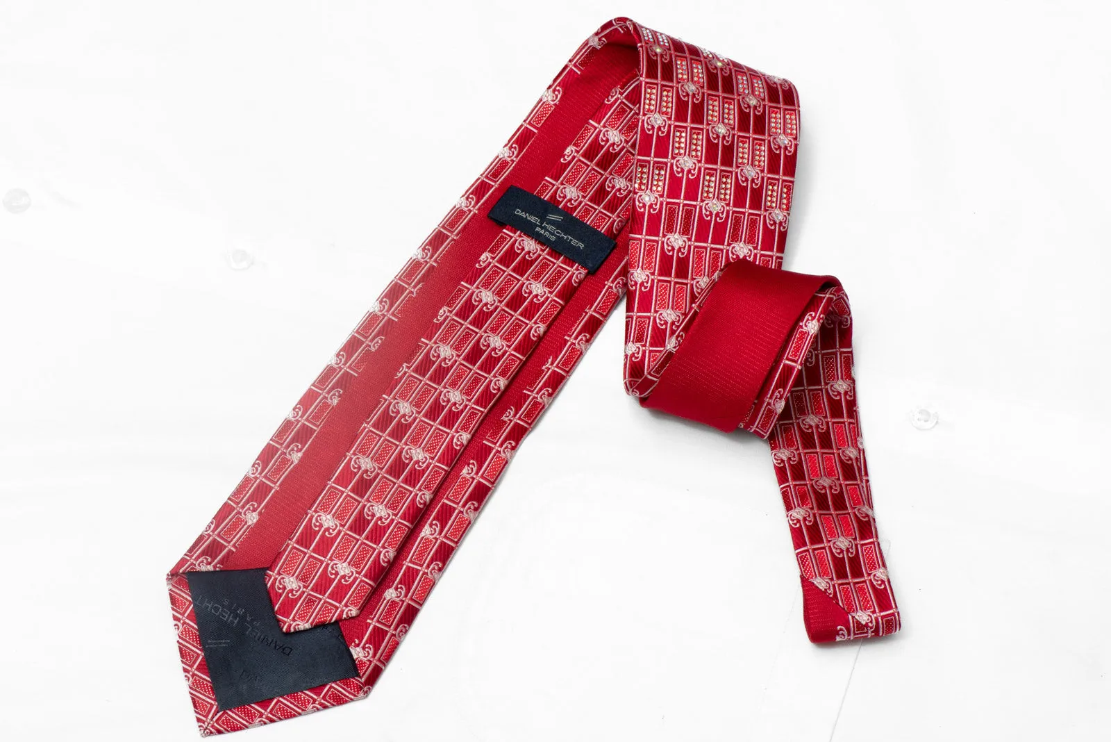 Silver Trellis & Cartouche On Red Rhinestone Silk Necktie With Sparkles