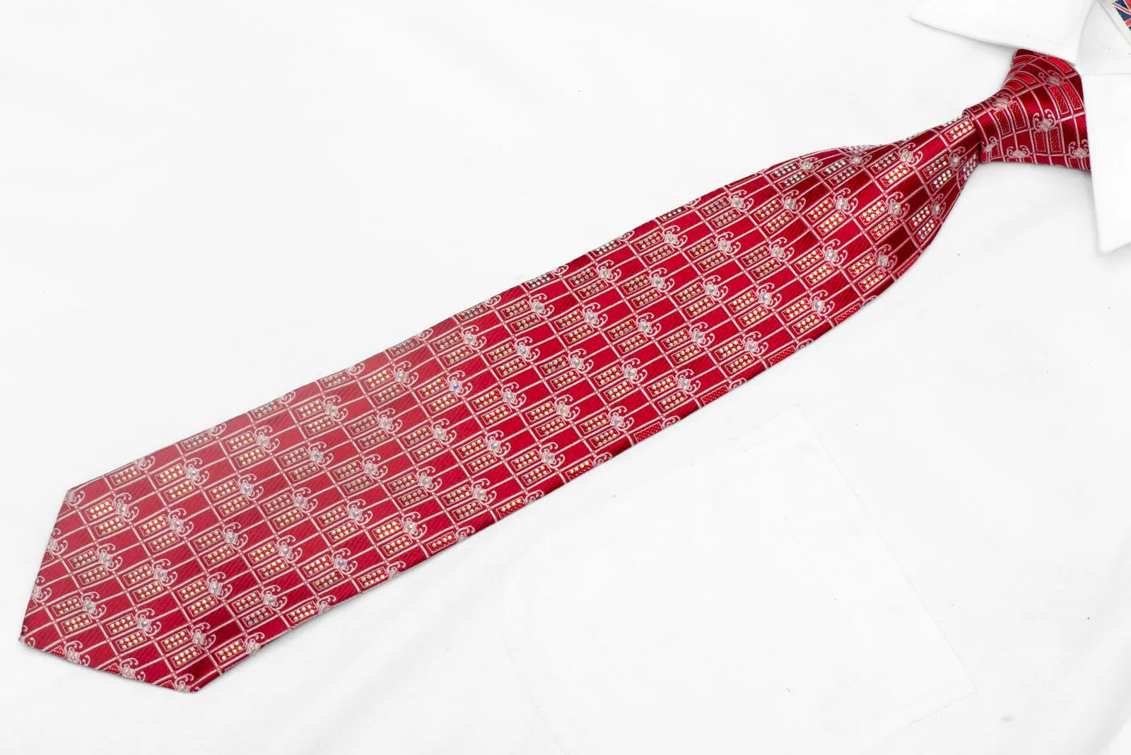 Silver Trellis & Cartouche On Red Rhinestone Silk Necktie With Sparkles