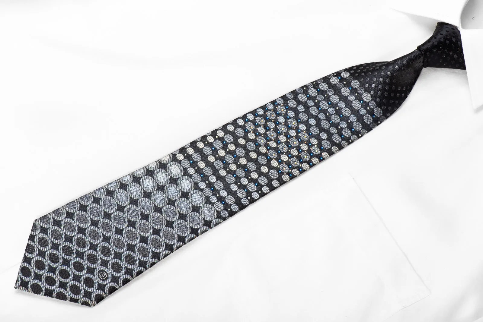 Tandy Men's Crystal Rhinestone Silk Necktie Silver Geometric On Black With Silver Sparkles