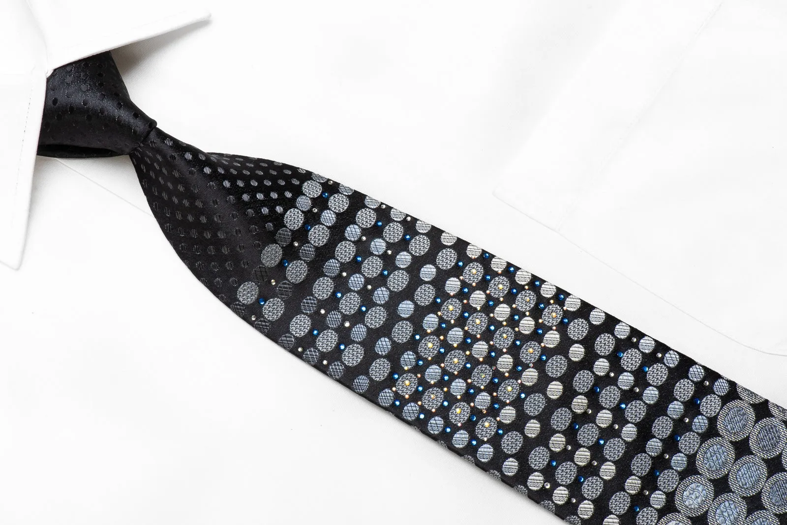 Tandy Men's Crystal Rhinestone Silk Necktie Silver Geometric On Black With Silver Sparkles