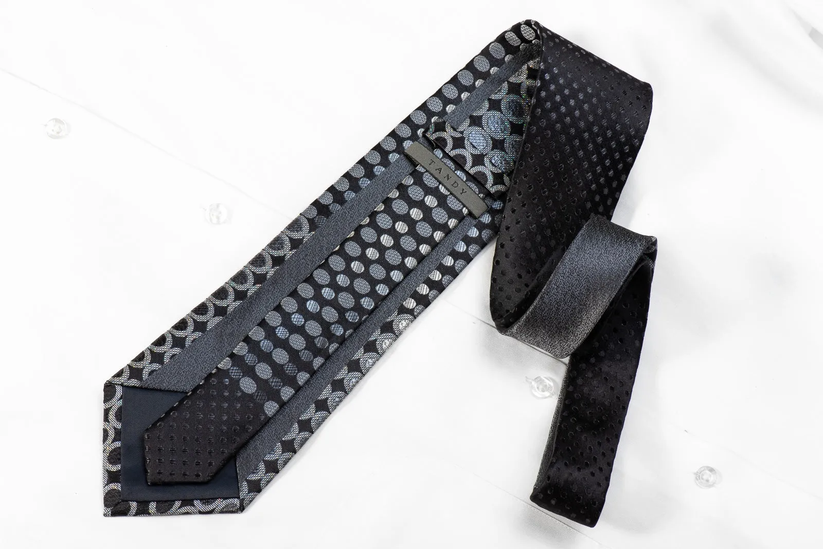 Tandy Men's Crystal Rhinestone Silk Necktie Silver Geometric On Black With Silver Sparkles