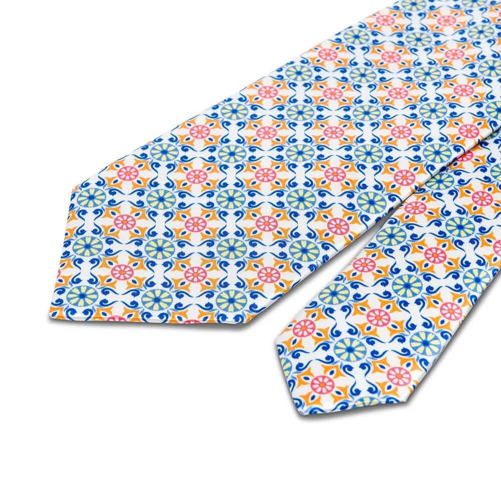 The Sicans White Green and Orange Duchesse Silk Tie