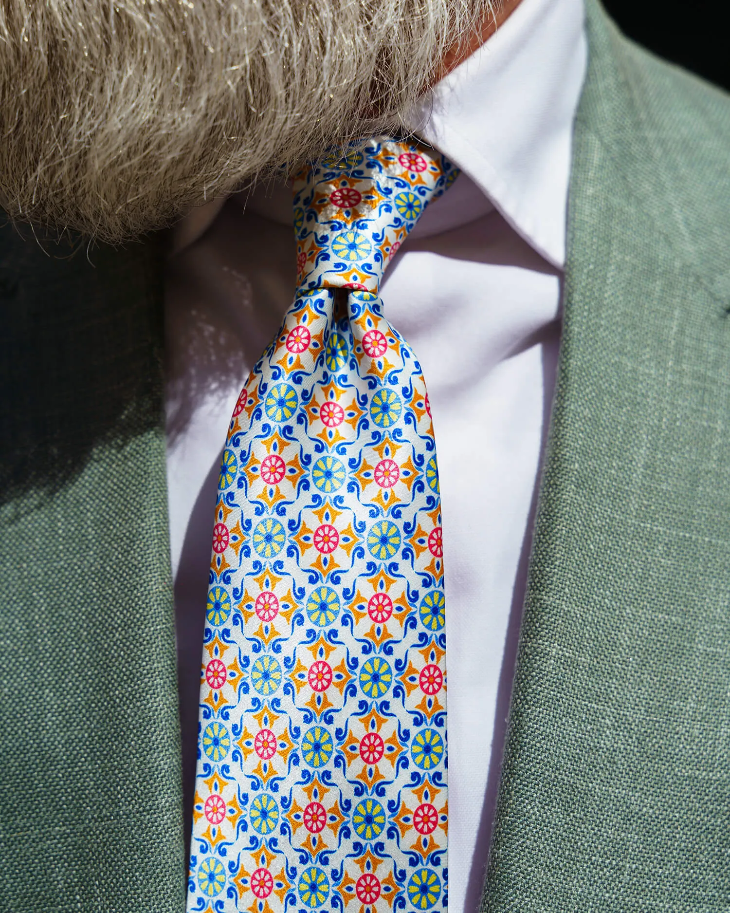 The Sicans White Green and Orange Duchesse Silk Tie