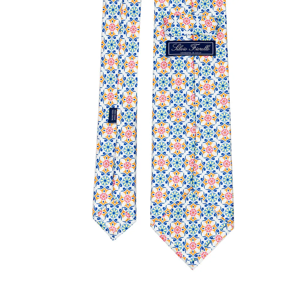 The Sicans White Green and Orange Duchesse Silk Tie