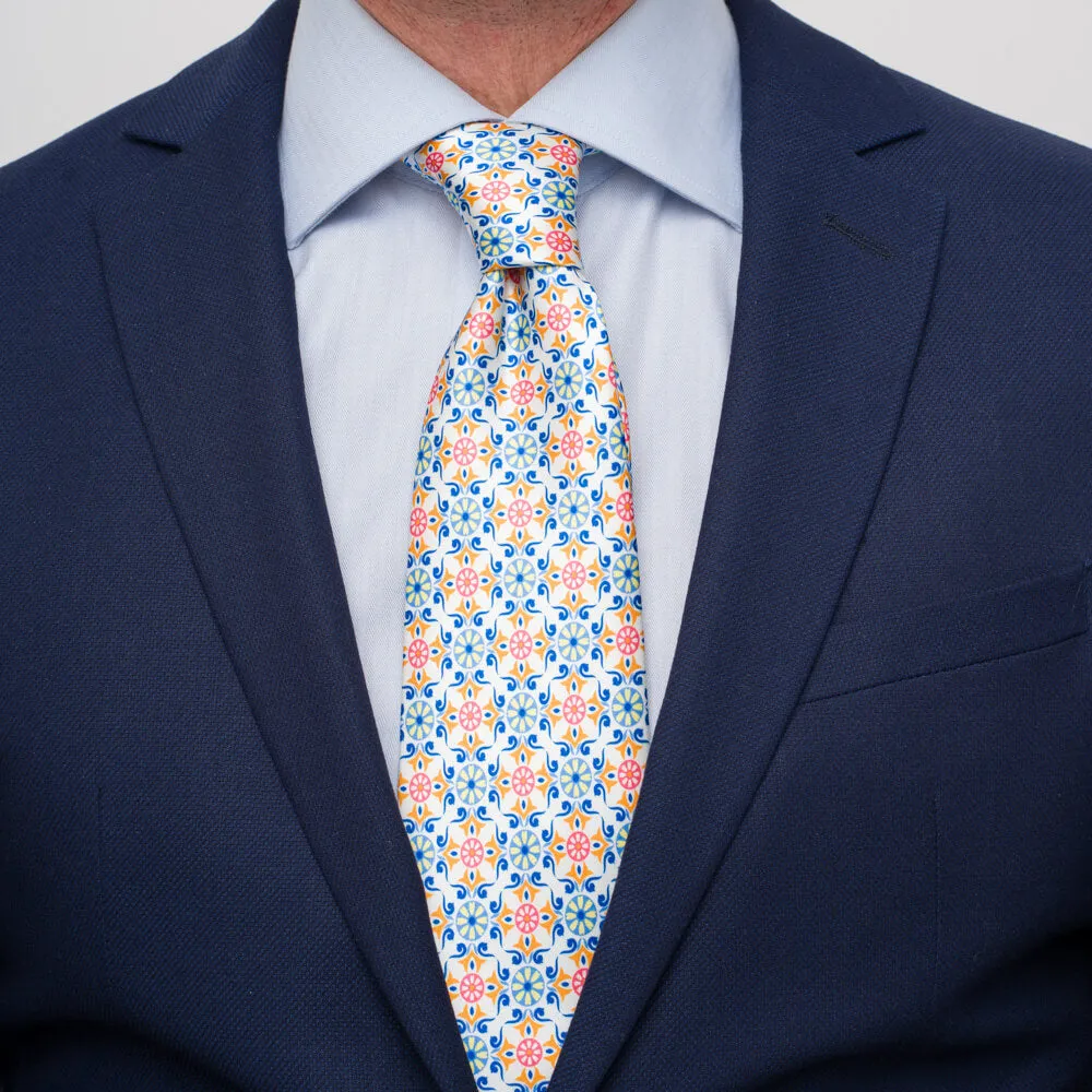 The Sicans White Green and Orange Duchesse Silk Tie
