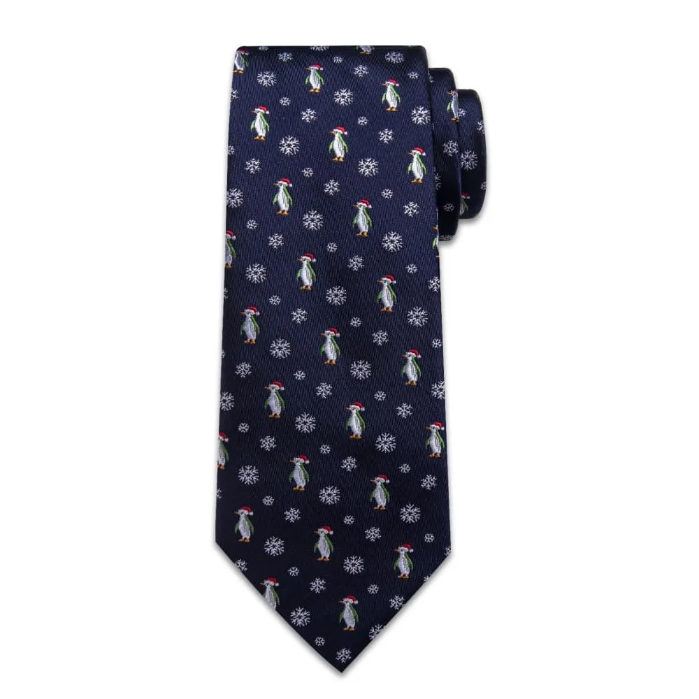 Ties2you Dark Blue Christmas Penguins Snowflake Necktie Pocket Square Cufflinks Set