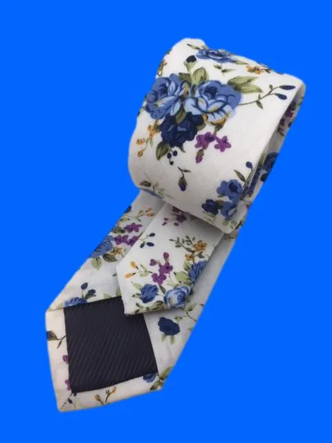 Vanilla White Tie with Blue Roses