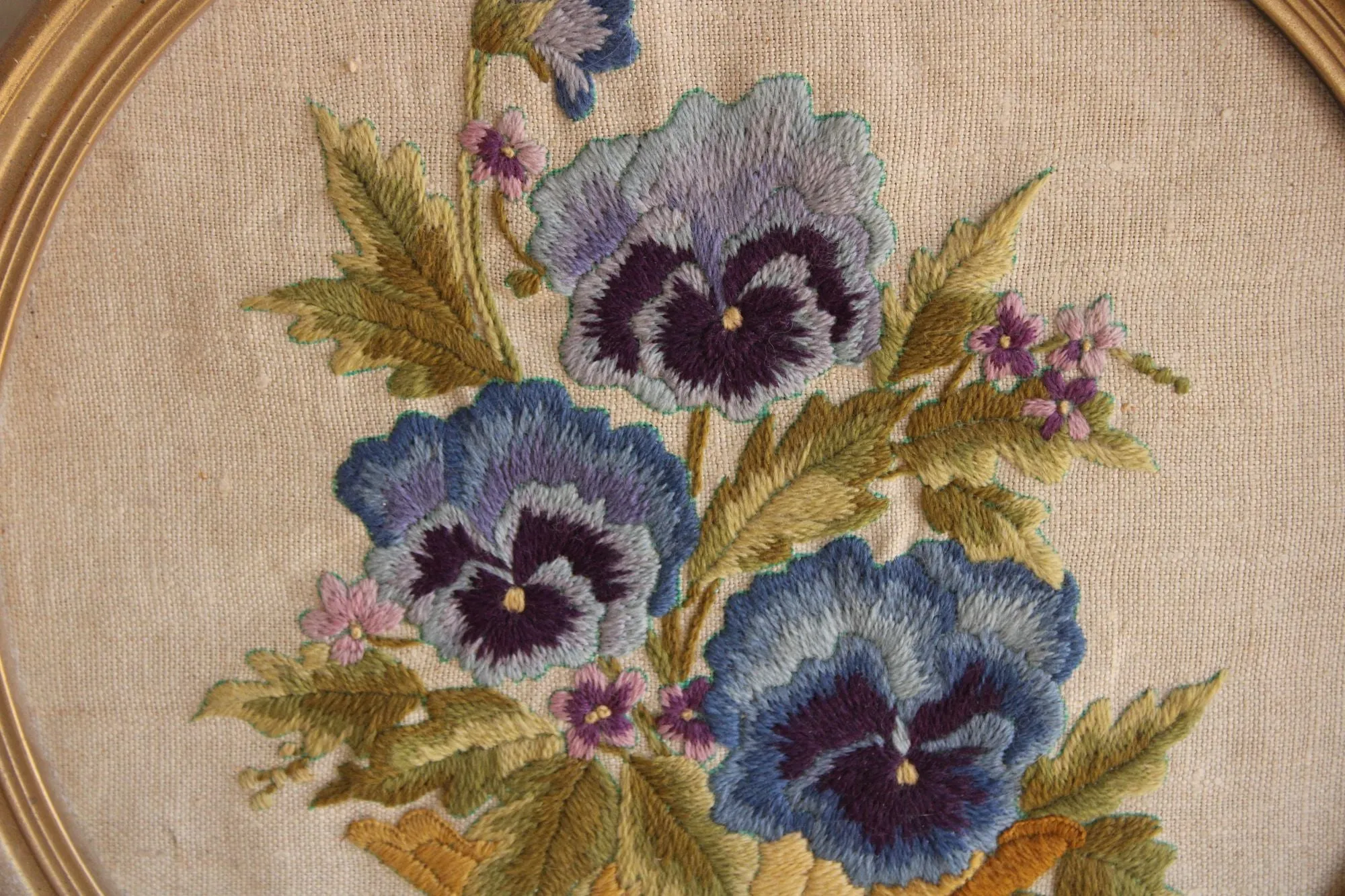 Vintage Framed Embroidered Pansies
