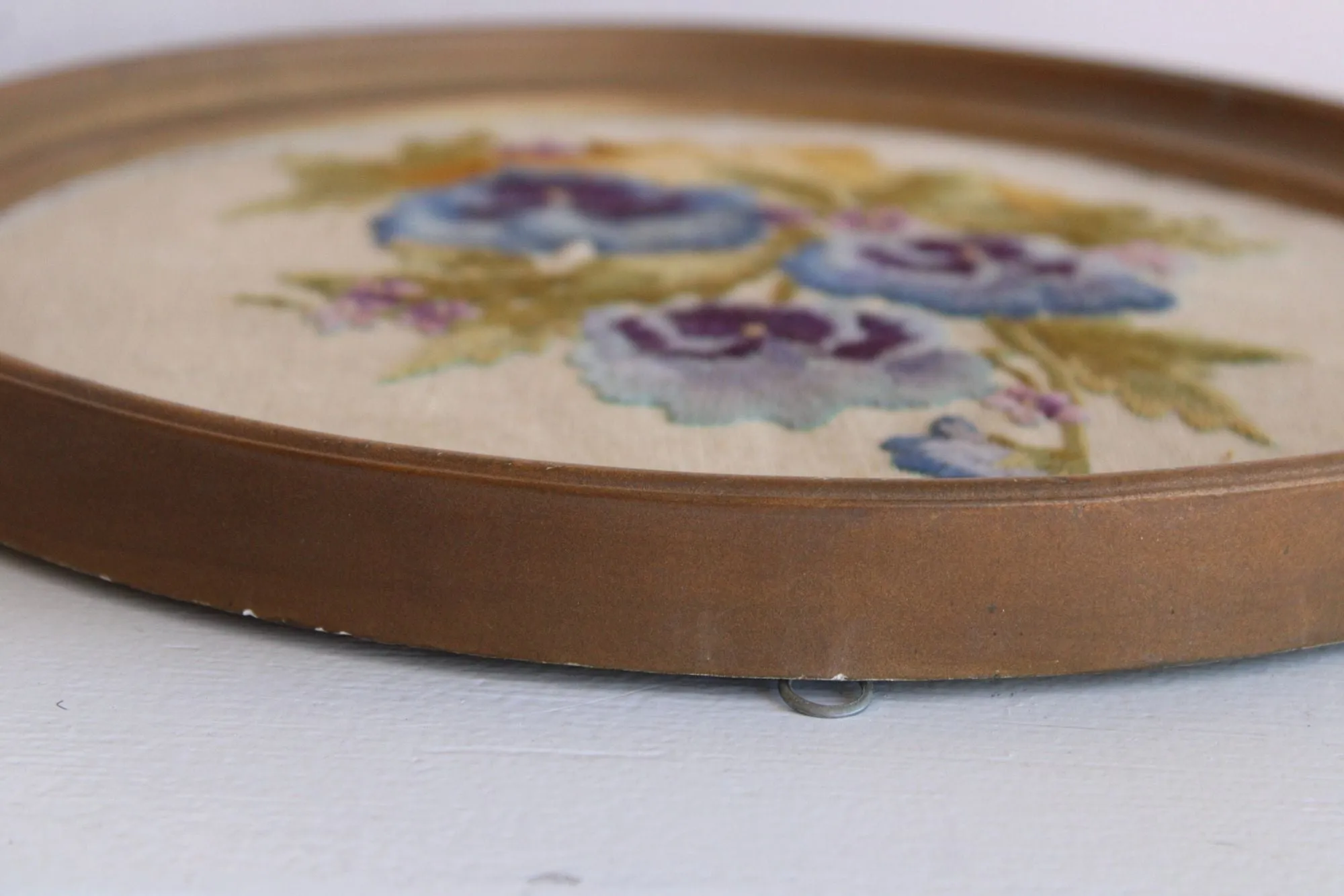 Vintage Framed Embroidered Pansies