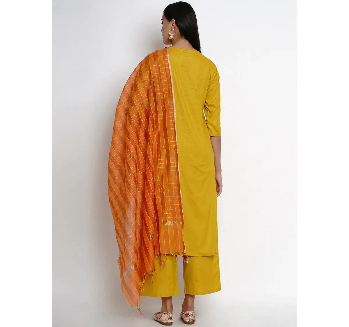 Women'S Mustard Yellow Solid Kurta With Palazzos & Dupatta
