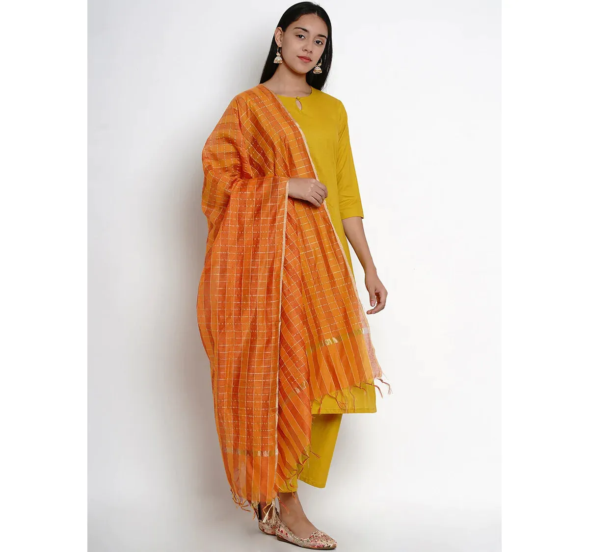 Women'S Mustard Yellow Solid Kurta With Palazzos & Dupatta