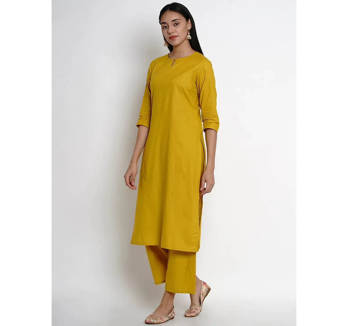 Women'S Mustard Yellow Solid Kurta With Palazzos & Dupatta