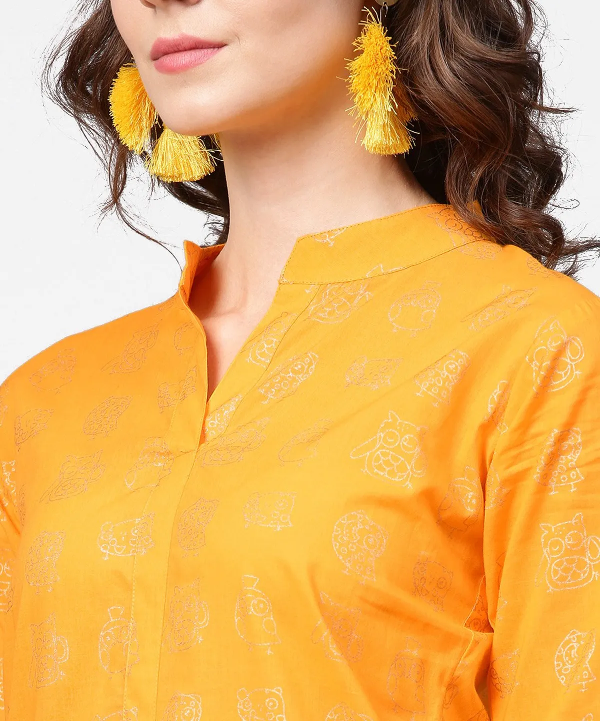 Yellow 3/4Th Sleeve Printed Straight Kurta With Flared Ankle Length Pallazo