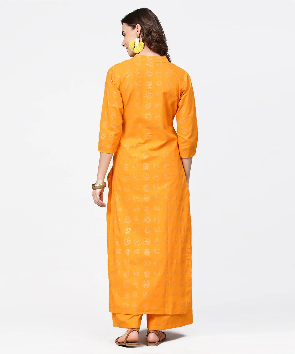 Yellow 3/4Th Sleeve Printed Straight Kurta With Flared Ankle Length Pallazo